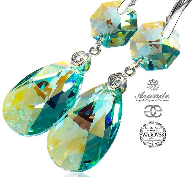 Swarovski piękne długie kolczyki GREEN BLUE CERTYFIKAT