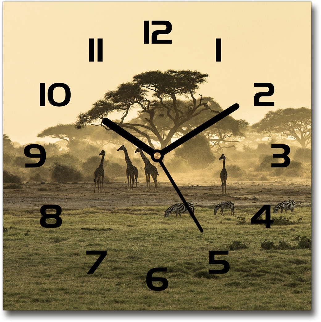 Zegar szklany kwadratowy Żyrafy na sawannie