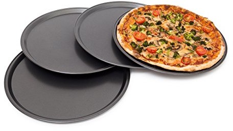 Relaxdays Blachy do pizzy, okrągły 33 cm 4-częściowy zestaw okrągły z blachy do pieczenia z powłoką zapobiegającą przywieraniu  dla ciasto na pizzę i z bardzo dużym średnica quiche blachy ze stali do p 10019245