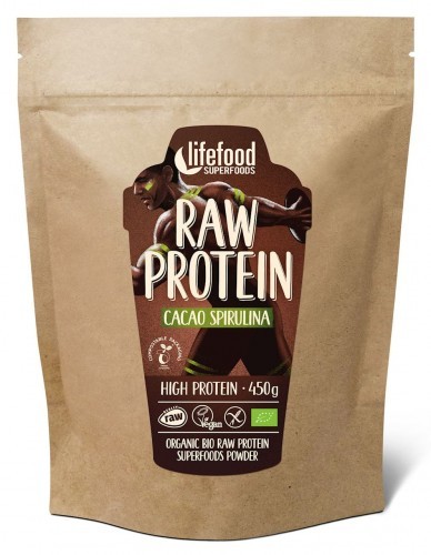 LIFEFOOD CZECH REPUBLIC S.R.O. BIAŁKO ROŚLINNE Z KAKAO I SPIRULINĄ RAW BEZGLUTENOWE BIO 450 g - LIFEFOOD 8594071482381