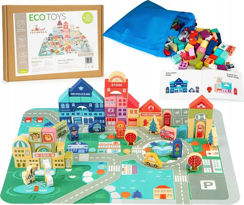 EcoToys Drewniane klocki edukacyjne miasto mata 120szt 1380 1380