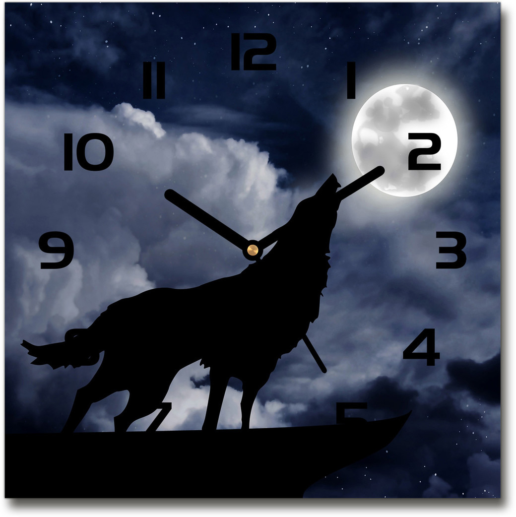 Zegar szklany kwadratowy Wyjący wilk pełnia