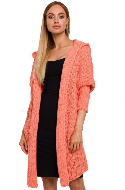 SukienkiShop Długi sweter damski kardigan oversize z kapturem pastelowy róż - SukienkiShop