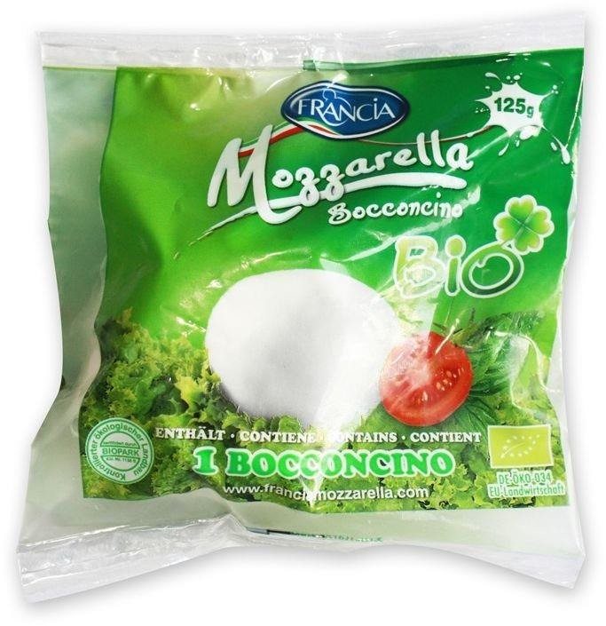 MOZZARELLA (marka FRANCIA) MOZZARELLA marka FRANCIA) MOZZARELLA 1 duża kulka) BIO 125 g FRANCIA bioplanet-4012642000139