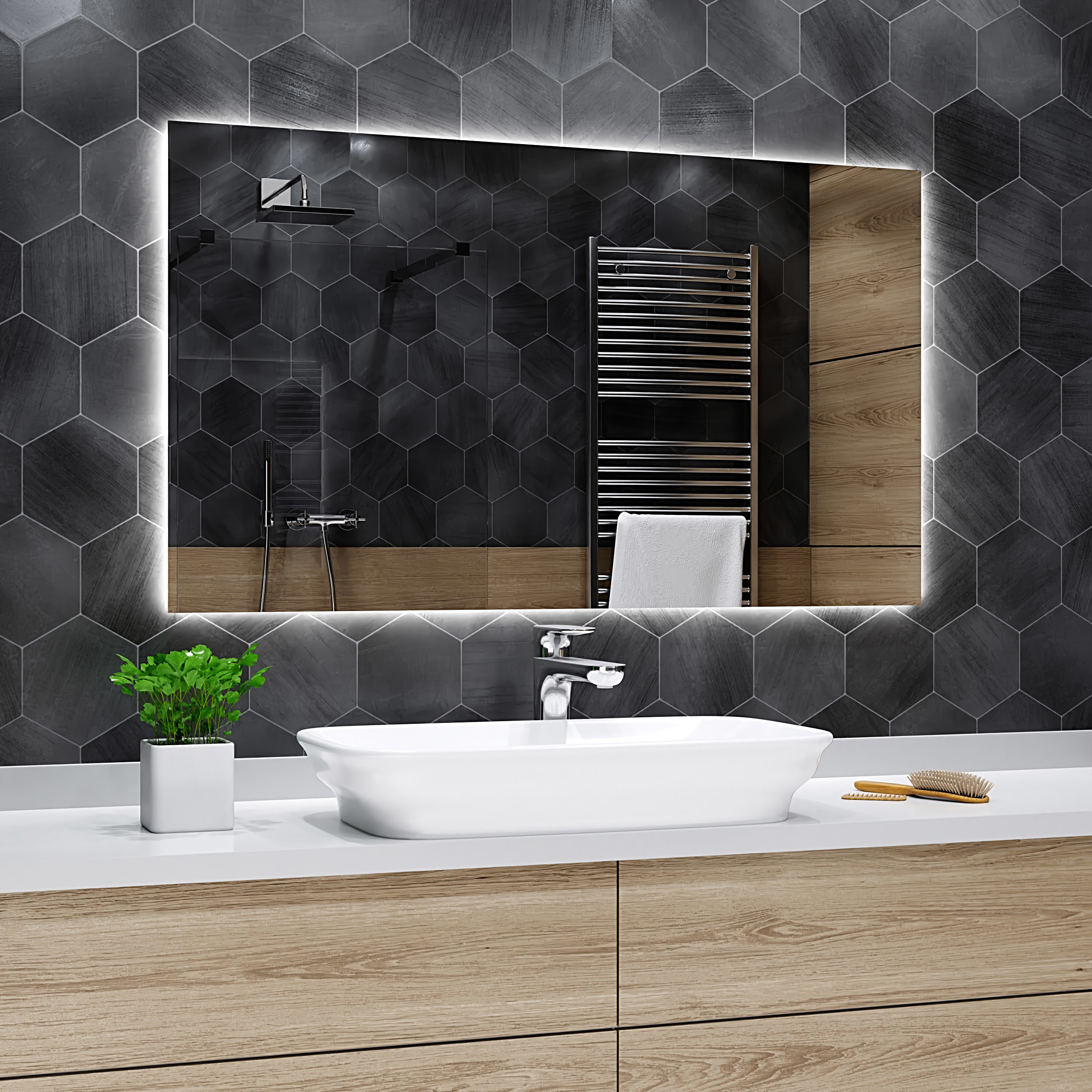 Alasta Lustro Łazienkowe z Podświetleniem LED - rozmiar 90x70cm - zimny kolor LED - Model Dubai