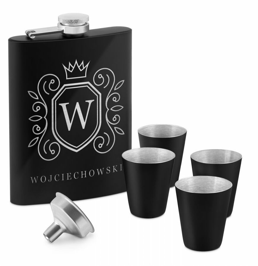 Murrano Piersiówka czarna z 4 kieliszkami i grawerem dla gentlemana PIER-BK-030