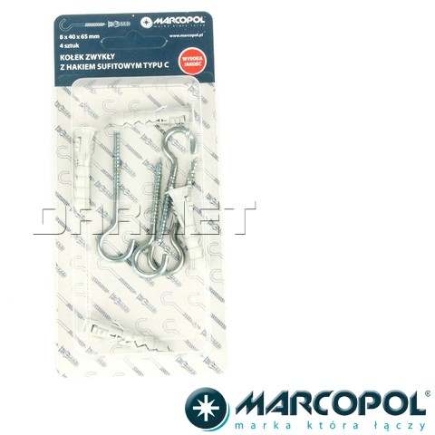 Kołki zwykłe z hakiem sufitowym typu C 8 x 40 x 65 mm, 4 szt. - MARCOPOL (QB0114) QB0114