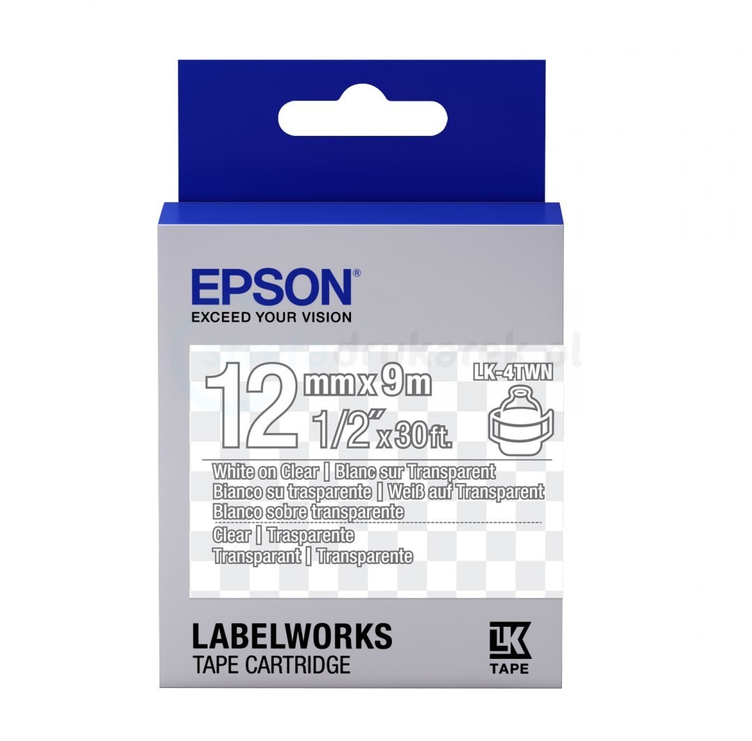 Epson Oryginalna taśma LK-4TWN 12mm x 9m przeźroczysta biały nadruk PROMOCJA! OEM-EPS-LK-4TWN