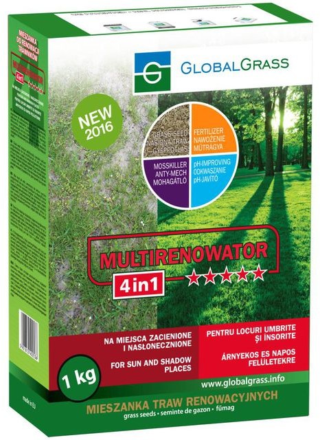 GLOBAL GRASS Trawa renowacyjna na miejsca zacienione i nasłonecznione MULTIRENOWATOR 4in1 1 kg GLOBAL GRASS