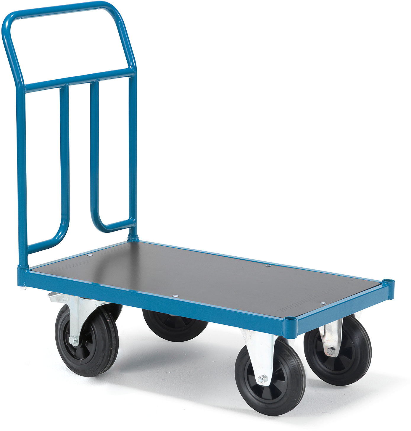 AJ Produkty Wózek platformowy TRANSFER, stalowa rama końcowa, 900x500 mm, koła gumowe, z hamulcem