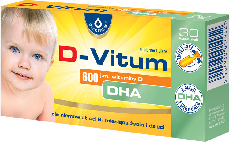 Oleofarm D-Vitum 600 j.m. witamina D + DHA dla niemowląt - 30 kapsułek