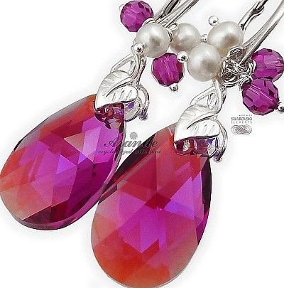 Swarovski Nowe Długie Kolczyki Fuchsia Perły