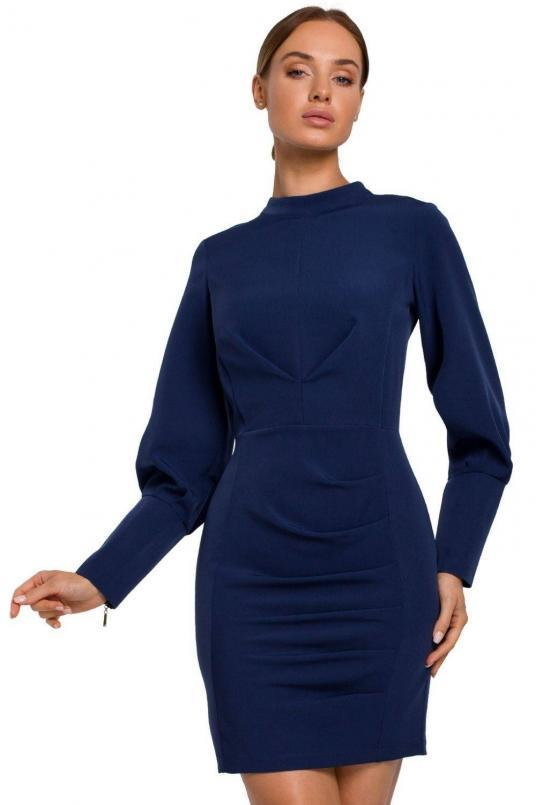 SukienkiShop Sukienka elegancka mini z marszczeniami i bufiastymi rękawami granatowa - SukienkiShop