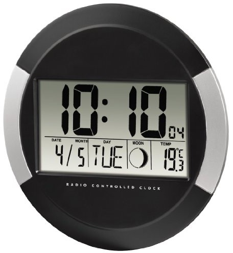 Hama cyfrowy zegar ścienny PP-245, zegar radiowy z termometrem, ustawienie stref czasowych, faza księżyca i kalendarz, kolor czarny 00104936