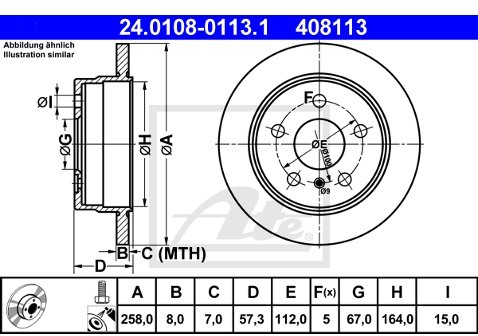 ATE TARCZA HAM 24.0108-0113.1 MERCEDES W169 A150, A160 CDI, A170, A180 CDI 04-, W245 B150, B170 05-  24.0108-0113.1