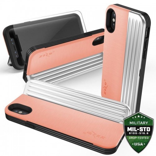 Zizo Retro Series Etui iPhone X z kieszenią na karty + podstawka + szkło 9H na ekran (Peach/Silver) RET-IPH8-PHSL