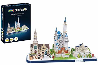 Revell 3D Puzzle Revell 3D Puzzle 00143 Bawarii najsłynniejsze dzieła budowlane z Nowym Ratuszem, Linderhof i zamkiem Neuschwanstein odkryj świat w 3D, radość z majsterkowania dla młodych i starszych, kolorowe 00143