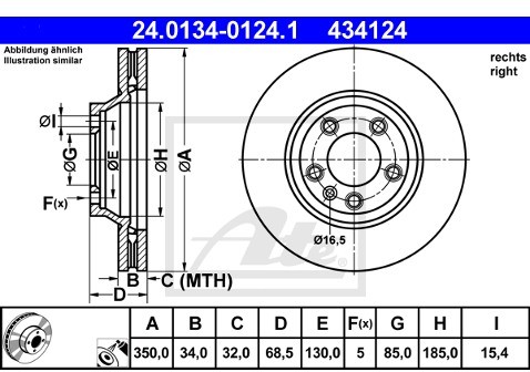 ATE TARCZA HAM 24.0134-0124.1 PRAWA PORSCHE CAYENNE 4.5T 02-, 4.5TS 04-/ VW TOUAREG 4.2 V8 02-06, 6.0 W12 05-  24.0134-0124.1