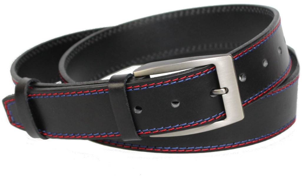 Pas-Max (PL) Pasek Męski Skórzany (PL) Skóra Licowa EXTRA 40 mm Czarny Z Czerwoną I Granatową Nitką