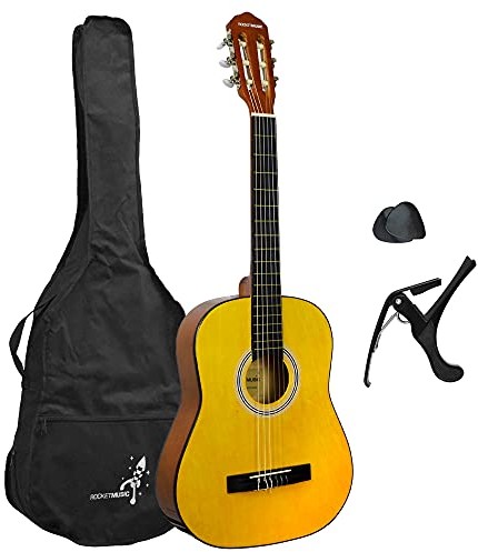 3rd Avenue 3rd Avenue rakieta rozmiar 3/4 gitara klasyczna Starter pakiet początkujący gitara akustyczna z nylonowymi strunami, torba, kapo i kostki XF201CN