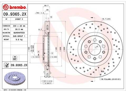 BREMBO Tarcza hamulcowa 09.9365.2X