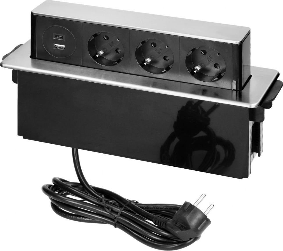 Orno Gniazdo meblowe wysuwane z blatu z płaskim frezowanym rantem ładowarką USB i przewodem 2m 3 gniazda typ F 2 x USB Typ A + C OR-GM-9014 GS B-G