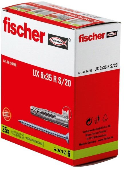 Fischer Kołki uniwersalne UX 6 x 35 mm z wkrętami 25 szt. 94758