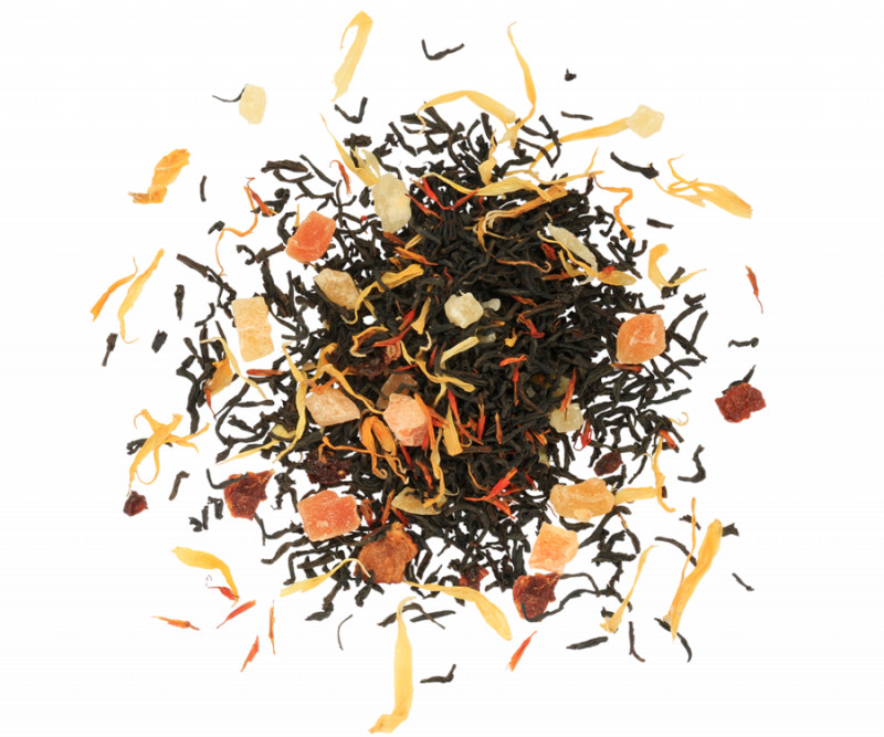 Czarna herbata cejlońska z dodatkiem papai, krokosza barwierskiego, nagietka, aromatu pomarańczy, cynamonu, goździków i wanilii