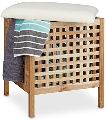Relaxdays Taboret łazienkowy  orzech włoski o torba na pranie HBT: 52 x 49 x 49 cm taboret łazienkowy z poduszka siedziska z lnu i kosz na pranie 52 litrów taboret do siedzenia z miejscem do przechowyw 10020156