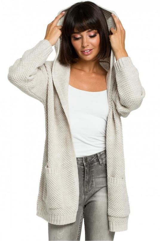 SukienkiShop Dłuższy sweter kardigan bez zapięcia z kapturem - SukienkiShop