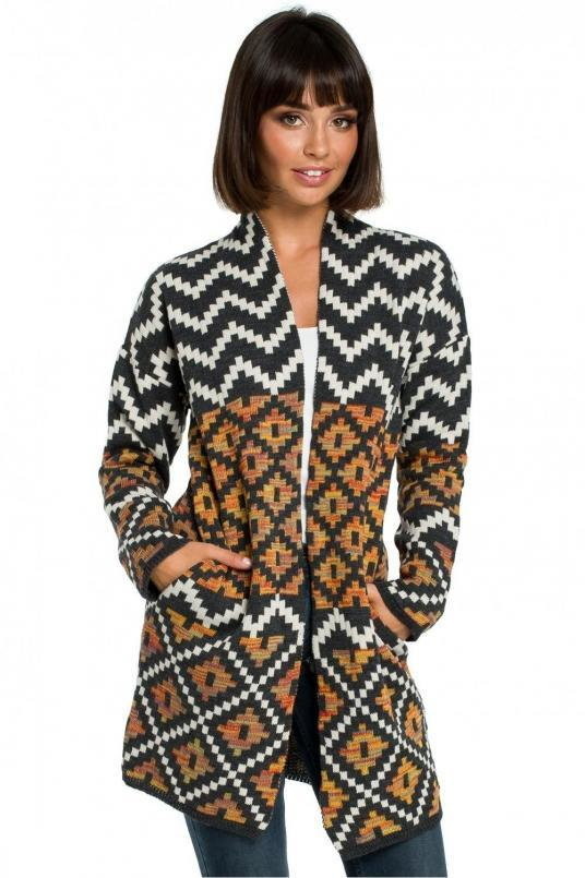 SukienkiShop Sweter kardigan bez zapięcia w kolorowy aztecki wzór - SukienkiShop