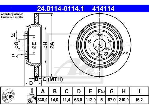ATE TARCZA HAM 24.0114-0114.1 MERCEDES W164 ML280 CDI 4-MATIC, ML320 CDI 4-MATIC, ML350 4-MATIC 05-  24.0114-0114.1