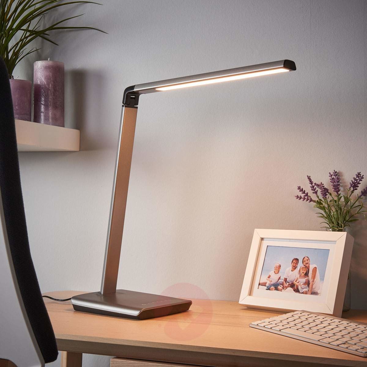 LINDBY Lampa stołowa LED Kuno, szary, ściemniacz, USB