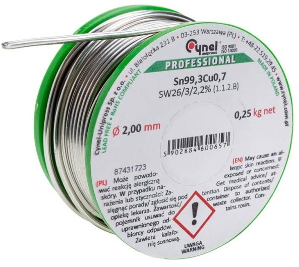 Cynel Spoiwo lutownicze bezołowiowe 2 0 mm 250 g CU1-SW26-20250