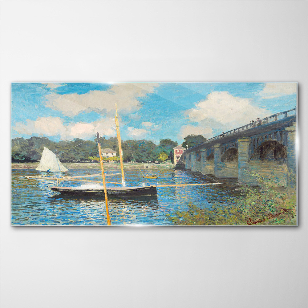 PL Coloray Obraz Szklany Most Rzeka Łodzie Monet 100x50cm
