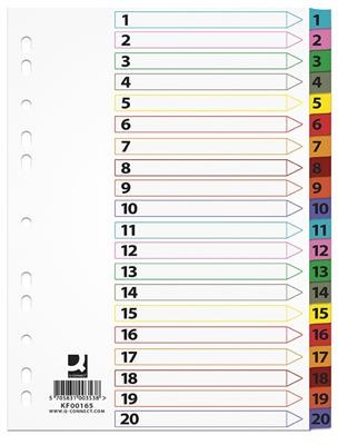 Q-CONNECT Przekładki Mylar, karton, A4, 225x297mm, 1-20, 20 kart, lam. indeks, mix kolorów KF00165