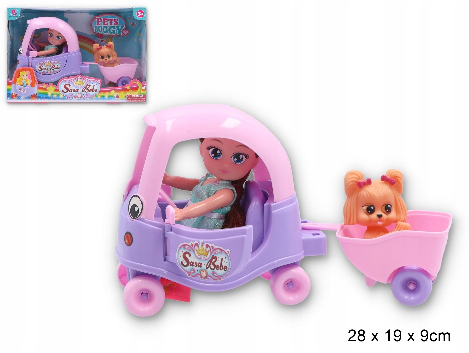 Laleczka ze zwierzątkiem w aucie z przyczepą