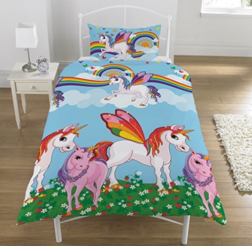 KidCollection Rainbow dwustronna jednorożce łóżko pojedyncze/łóżko podwójne poszewka na kołdrę Zestaw pościeli