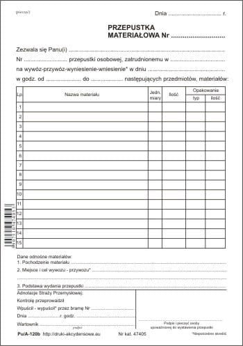 Firma krajewski Przepustka materiałowa [Pu/A-120b] Pu/A-120b