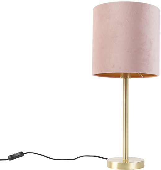 QAZQA Lampa stołowa mosiądz klosz welurowy różowo-złoty 25cm - Simplo