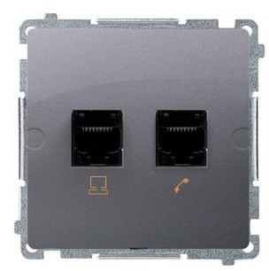 Kontakt Simon Kontakt_Simon Gniazdo komputerowe RJ45 kat.5e + telefoniczne RJ11 (moduł). Montaż gniazda na wkręty do puszki srebrny mat BMF5T.02/43