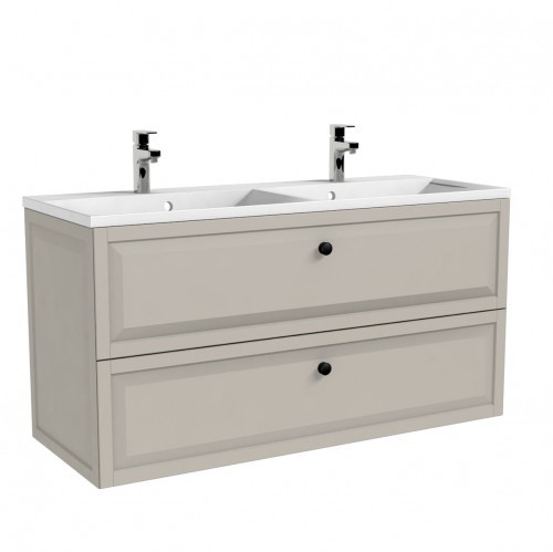 Oristo Szafka wisząca podumywalkowa MONTEBIANCO 120cm PIASKOWY MAT OR47-SD2S-120-10 z umywalką Amelia 120 cm z misą podwójną UME-AM-120-92-D-