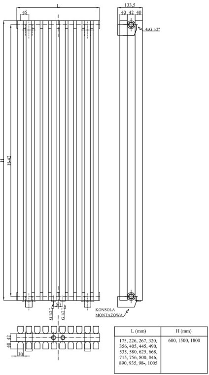 RADOX Vertica DBI Grzejnik 180x35,6 cm grey metallic RX-VRDBI.004T.1800.356