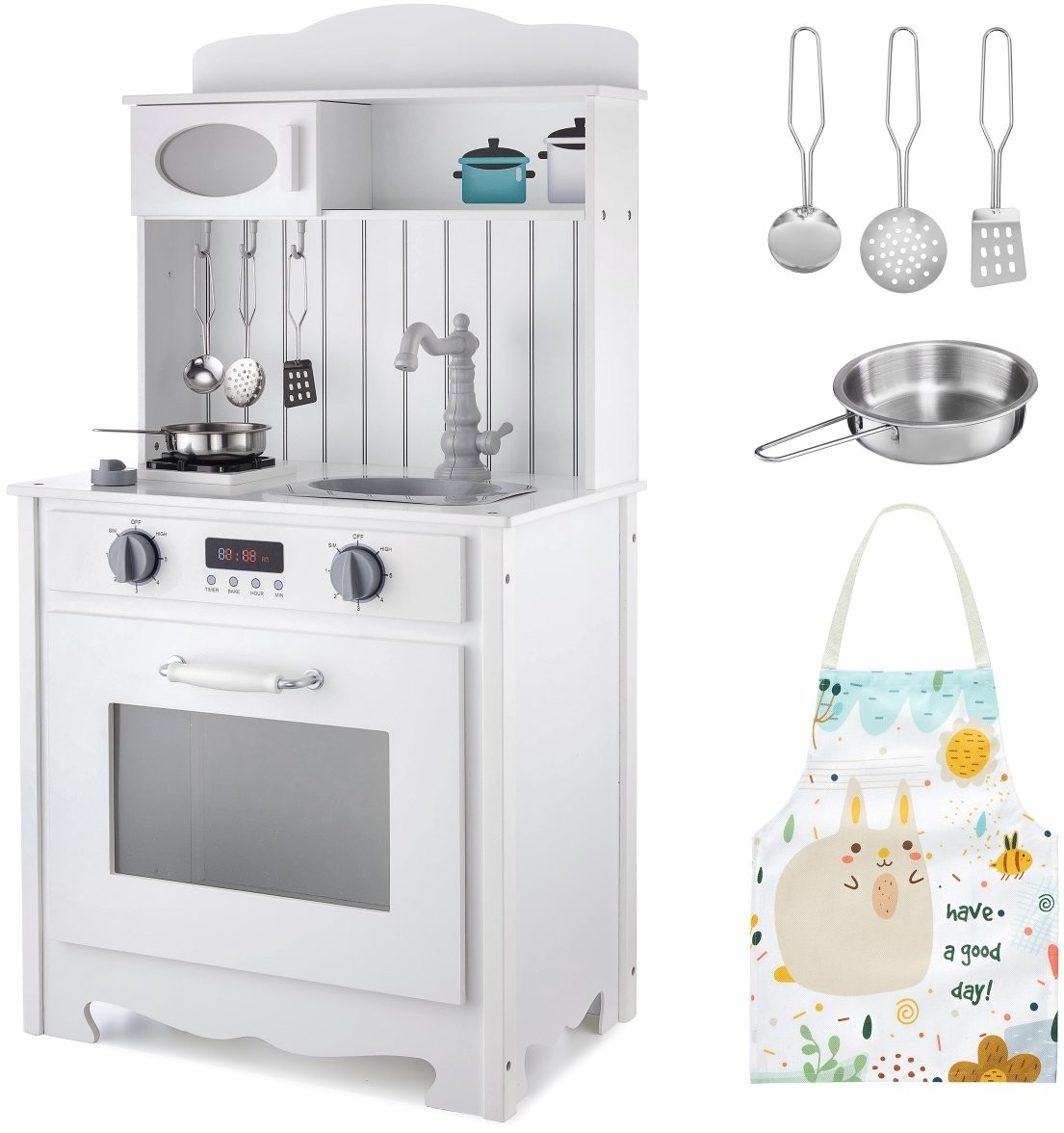 Mamabrum Biała drewniana kuchnia z fartuszkiem, akcesoriami i lampą LED WOODEN KITCHEN 133