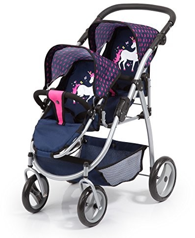 Bayer Design 26554AA wózek dla lalek, nowoczesny, regulowany uchwyt, składany, z motywem jednorożca, niebieski różowy