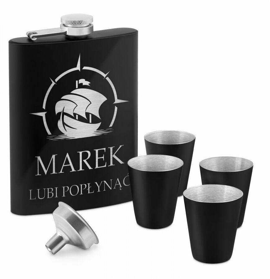 Murrano Piersiówka czarna z 4 kieliszkami i grawerem dla żeglarza podróżnika PIER-BK-024