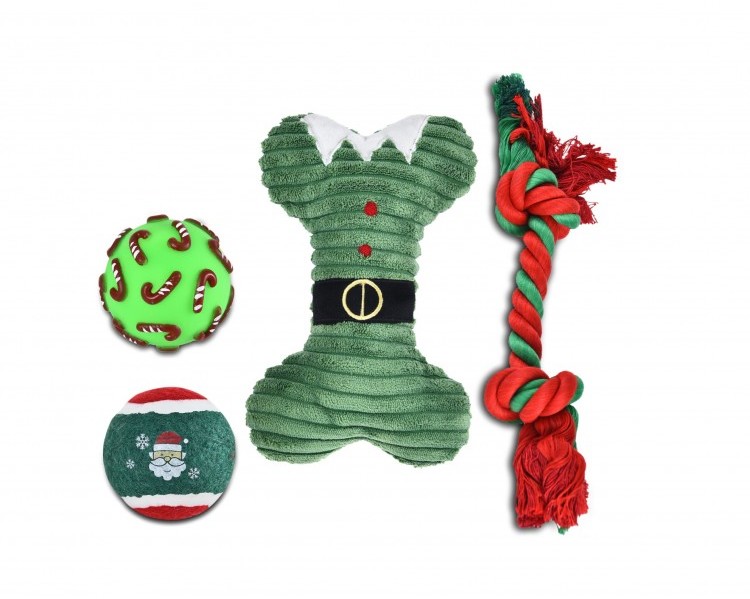 BarryKing Zestaw zabawek dla psa: piłka winylowa 6,7cm, piłka tenisowa 6,3cm,  kość pluszowa 21cm, sznur 32cm, zielony, 4szt/op.