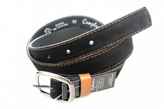 Complex Pasek Czarny Z Nitką Toffi (PL) Skóra Naturalna Licowa Zamsz 30 mm