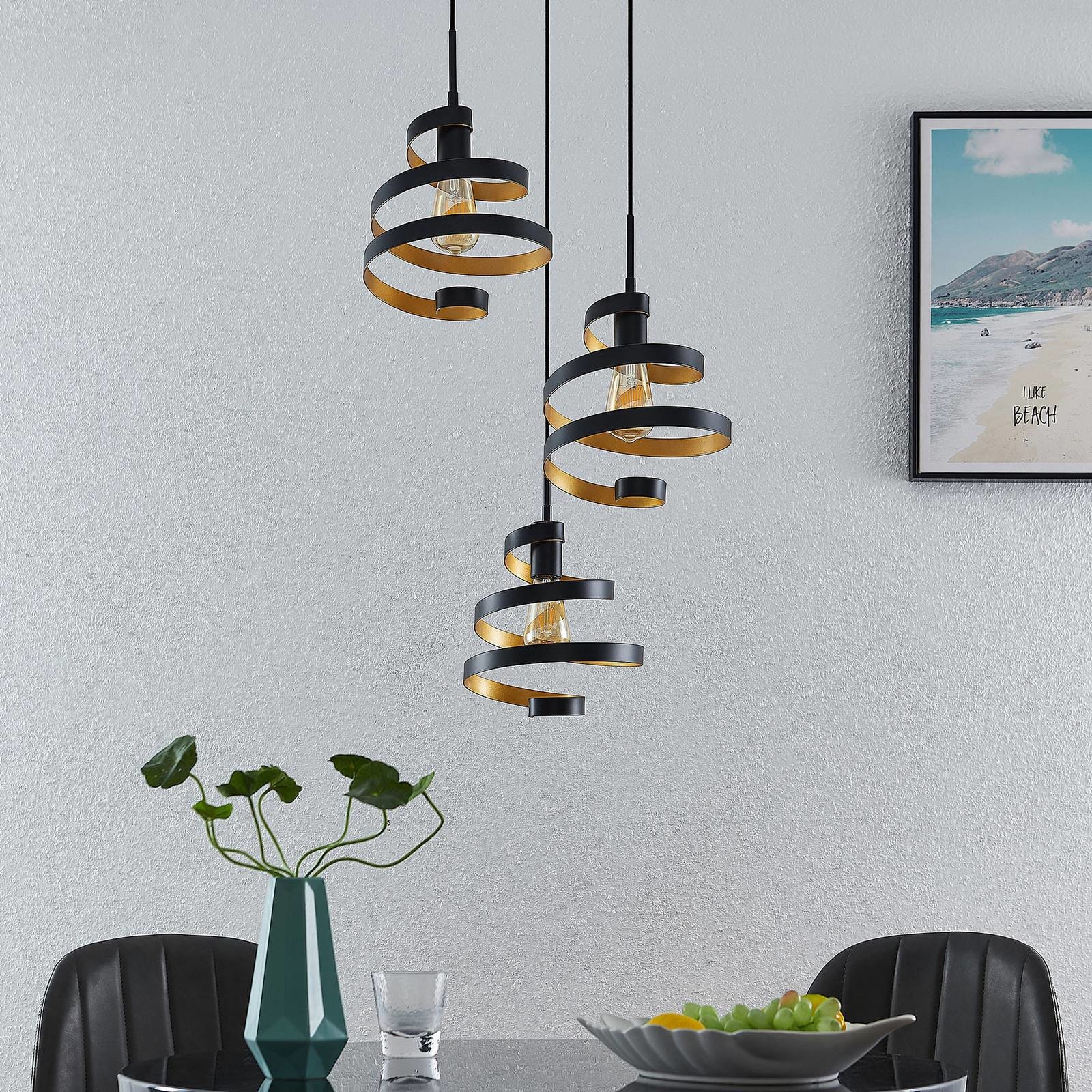 Lindby Colten lampa wisząca, 3-pkt., czarna, złota