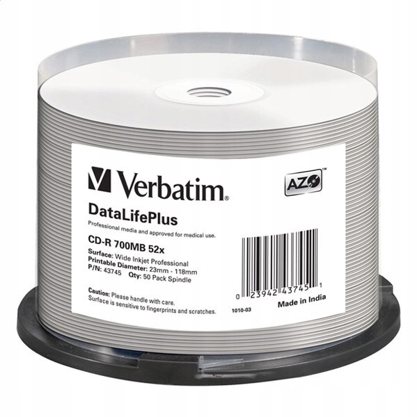 Verbatim Cd-r 700MB 52X Azo Printable CAKE*50 4374